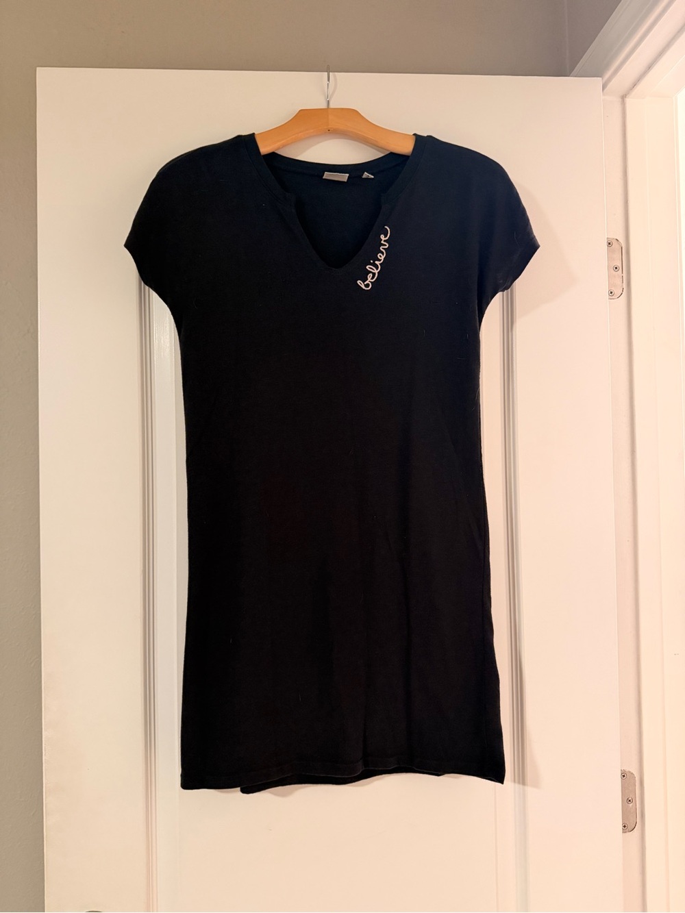 Disney Black V-Neck Short Sleeve Tee with 'Believe' Script